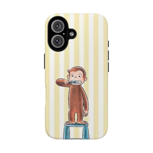 Case Compatible with iPhone 16 15 14 13 12 11 XS Max, Lemon Stripe Routine Curious Monkey George Phone Case, Cute Monkey Tough Case Gift for Women Men Girl Boy