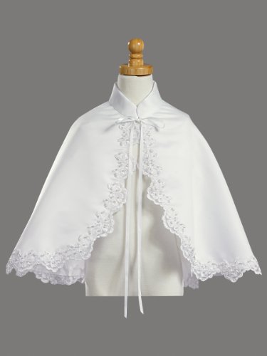 Girl's White Satin Communion Special Occasion Cape with Lace Trim2
