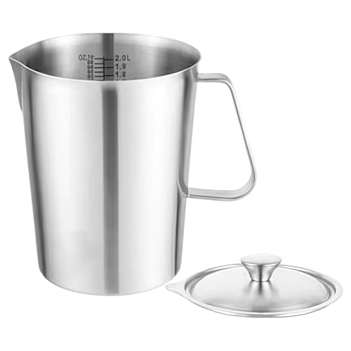 Uranus 304ステンレス製計量カップ 目盛り付き 厚手 注ぎ口 ハンドル付き 蓋付 0.5-2L キッチン用 コーヒー ミルクティー ベイキング デザート作り ケーキ 焼き お菓子作り ベビーフード対応 (2000ml,蓋付き)