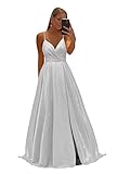 ALFEICE Long Prom Dresses V Neck Spaghetti Sparkling Formal Evening Gown High Slit Maxi Dress Silver 14
