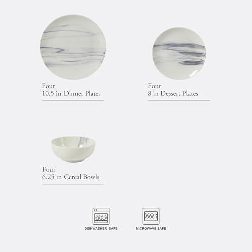 Image of Gibson Home Cloudlight 12 Piece Plates and Bowls Dishes Blue and White - Decorated Porcelain Ceramic Dinnerware Set - Service for 4