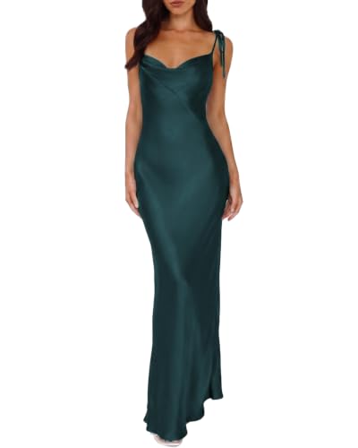 Image of 2026 Satin Cowl Neck Spaghetti Strap Maxi Dress for Women Bridesmaid | Silk,Tie Strap,Slip,Slit,Midi,Wedding Guest,Graduation,Elegant,Cocktail,Vacation,Party