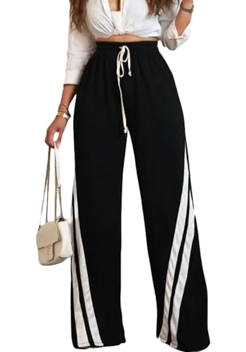 DINGANG High Waisted Casual Sweatpants Women Loose Wide Leg Elastic Waist Drawstring Cargo Striped Sweat Pants