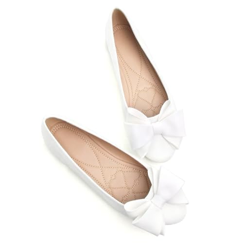 WENJIAZHIZHI Women's Round Toe Bow-Knot Flats Solid Color Slip-ons Cute Comfortable Ballerina Shoes White Size 9.5