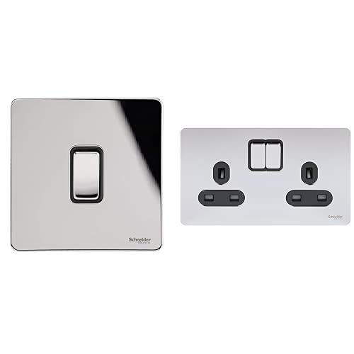 Ultimate Screwless Flat Plate GU3420BPC Polished Chrome Black insert 2 gang 13A switched socket & GU1412BPC 1 gang 2 way 16AX Plate switch