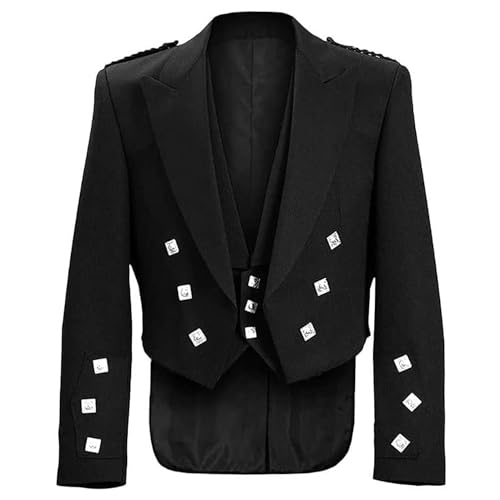 Black Tweed Prince Charlie Jacket & Vest - Traditional Scottish Wool Coat with Waistcoat - Regular Length