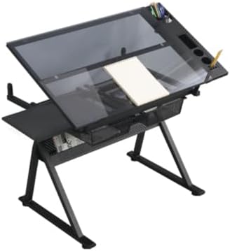Donext Height Adjustable Drafting Table, 0-75° Adjustable Glass Top Art Desk with Large Storage Space, Ideal for Drawing and Crafting, Designed for Designers and Art Students