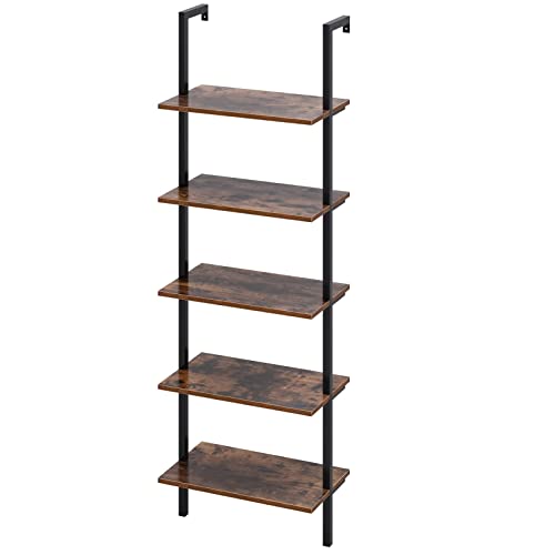 R-C Ladder Shelf 5 Tiers Bookcase Bookshelf Wall Mounted Shelving Unit Leaning Storage Rack for...