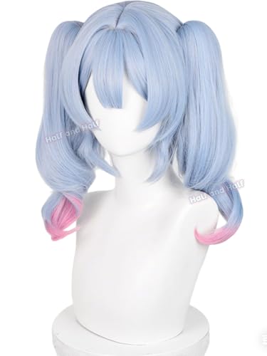 Image of Haze Blue and Pink Anime Ponytail Wig with Bangs Light Blue Curly Twin Tail Lolita Rabbit Singer Costume Wigs for Women Halloween Party Daily