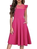 Picture of Flypigs Kids Dress Ruffle Short Sleeve Party Formal Special Occasion Wedding Summer Valentines Girls Girl Dresses Hot Pink 9-10 Years