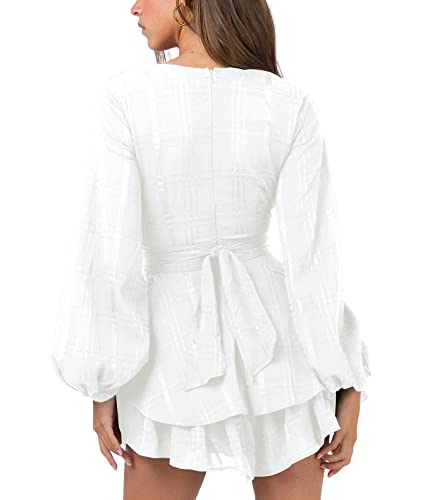 Image of Nova In Sky Womens Sexy V Neck Long Sleeve Tie Waist Ruffle Hem Flowy Swing Mini Short Wrap Dress