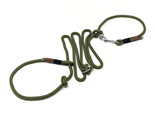 Wau-Effekt - Retrieverleine aus Segeltau mit Zugstopp - 100% Handarbeit - längenverstellbar und stufenlos größenverstellbar aus robustem Segeltau (M (200cm, 10mm Tau), Grün - Dunkelblau Braun)