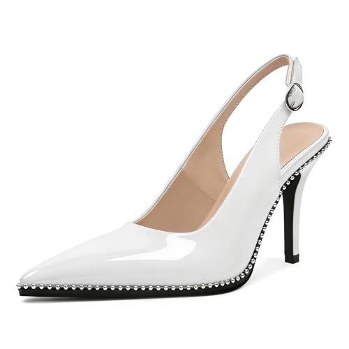 Zamikoo Women Beaded Pumps High Heel Slingback Pointed Toe Slip On 3.5 Inch Stilettos Ankle Strap Adjustable Buckle Patent Leather US Size 5 -Size 13