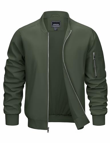 CRYSULLY Mens Lightweight Golf Jackets Full Zip Up Winter Bomber Jacket Windbreaker Waterproof Army Green M