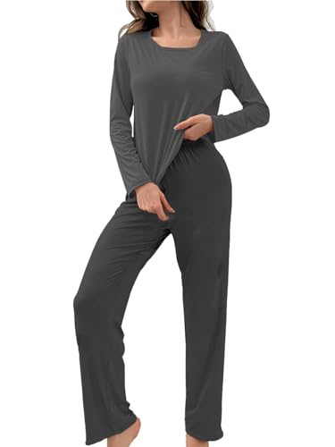 Image of Bunanphy Pyjamas for Women Round Neck Solid Pjs Cotton Long Sleeve Nightwear Casual Loungewear #A Grey Large