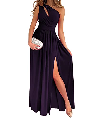 Lyaner Women's One Shoulder High Split Cutout Sleeveless Elegant Party Maxi Dress Solid Dark Purple Medium #TOP14