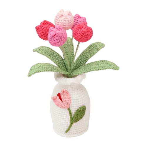 Magicherry Tulipani all'uncinetto, piante in vaso, 22 cm, fiori artificiali fatti a mano, per compleanno, matrimonio, decorazione per la casa, colore rosa sfumato