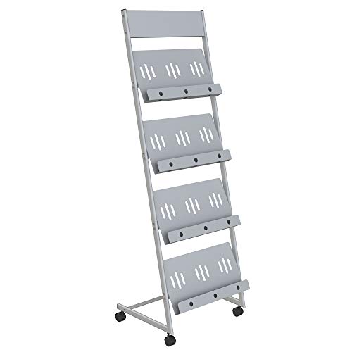 Pragati Systems® Magazine Holder Stand cum Brochure Rack for Office, School, Library, Reception & Waiting Areas | Magazine Stand for Brochures, Pamphlets, Flyers, Catalogues (4-Shelf x 18', Grey).