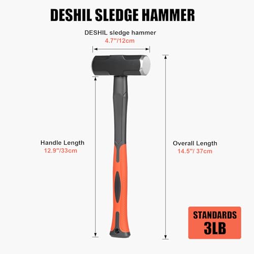 Image of 3lb Sledge Hammer - Heavy Duty Drilling Hammer with Forged Steel Head & Fiberglass Handle, Perfect for Demolition, Construction, and Blacksmithing