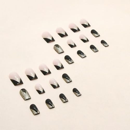 Image of Gold Glitter Press on Nails Black Full Cover Fake Nails with French Tip Design Glossy Glue on Nails Reusable Artificial Acrylic False Nails Medium Square Stick on Nails for Women Girls Manicure 24Pcs