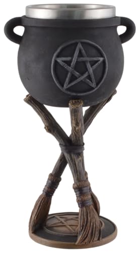 Hexenkelch auf 3 Besen, Pentagramm, entnehmbarer Stahleinsatz