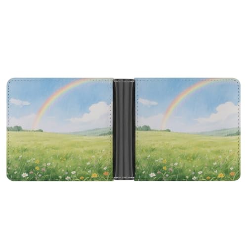 Slim Wallet Field Under The Rainbow after The Rain Compact Bifold Wallet with Credit Card Holder Leather Coin Slot ID Window Unisex