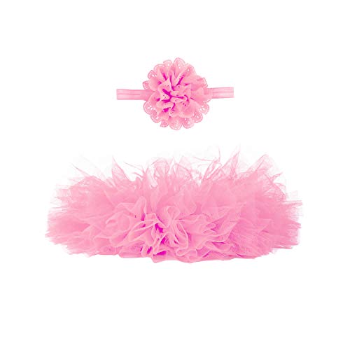 Angla 2pcs Flower Headband Tutu Skirt for Newborn Baby Girl (Pink) Medium