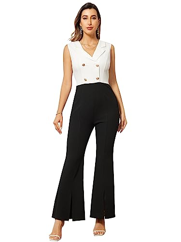 Wdirara Women'S Colorblock Double Breasted Sleeveless Collar Elegant Jumpsuit Flare Leg Split Pants Multicolor S cover