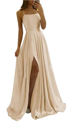 Image of Tvuyet Satin Prom Dresses Long with Pockets Spaghetti Straps A Line Bridesmaid Dresses with Side Slit Ball Gown