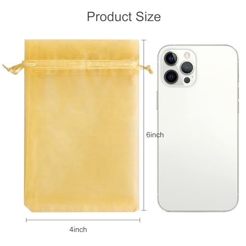 Image of Hopttreely 100pcs Gold Organza Gift Bags, 4 x 6 inch Satin Drawstring Candy Mesh Favor Bags Jewelry Pouches for Christmas Wedding Party
