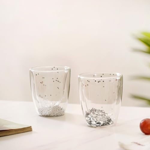 Image of Nestasia Set of 2 Double Wall Tumblers (225ml) | Silver Star Sequin Design, Dishwasher-Safe, Lead-Free Glassware | Ideal for Juices, Cocktails, and Desserts
