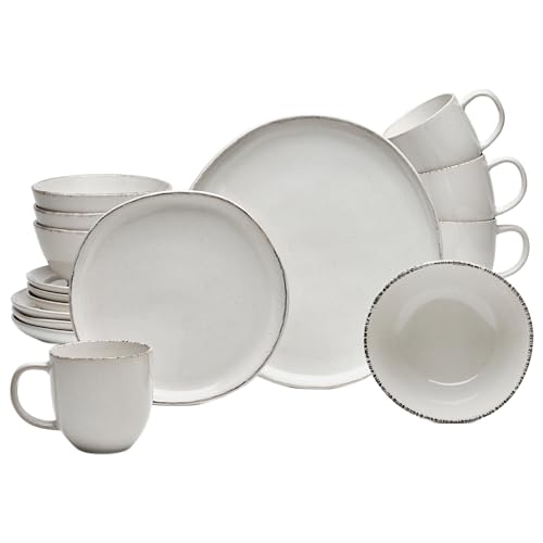 Van Well Service combiné Urban 16 pièces crème pour 4 personnes au design moderne en grès avec bols à céréales, tasses à café, assiettes à dessert et assiettes plates