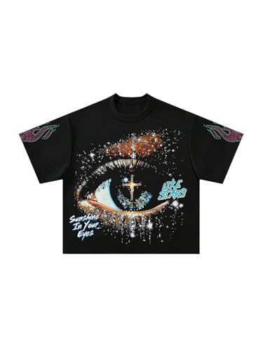VIPWOLF Mens Graphic Y2K Shirt Casual Short Sleeve Round Neck Regular Fit Summer Baggy T-Shirts Black Eyes Medium