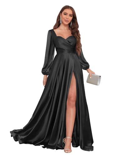JKMMYO Women's Long Sleeves Pleated Bridesmaid Dress Black Ruched Satin Side Split Evening Gown Long Size 10