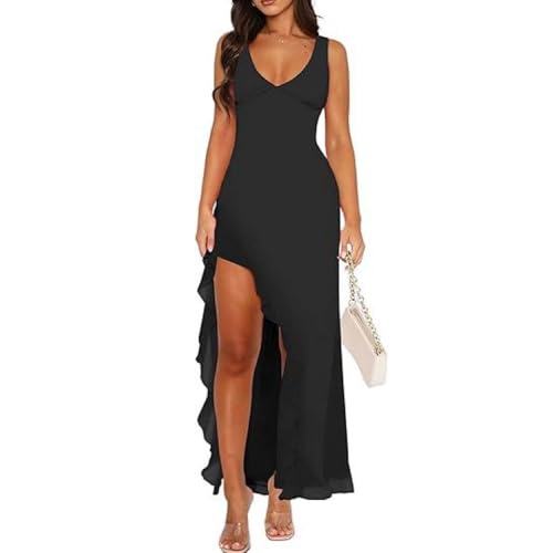 XFSRG Sommerkleid Damen Sexy Schlitz V Ausschnitt Maxikleid Elegant Rüschen Bodycon Abendkleider Cocktailkleid Partykleid(Schwarz/S)