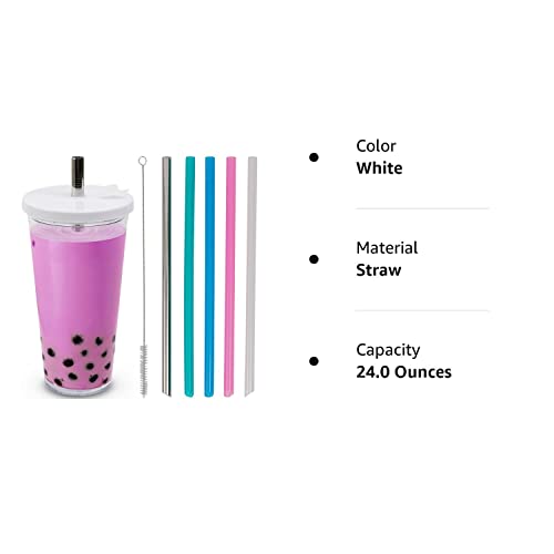 Planet Boba 24 Oz Reusable Boba Cup W 5 Bonus Straws | Smoothie Cup With Straw | Leakproof Bubble Tea Cup | Lids And Straw |Reusable | Insulated Boba Tumbler | White #TOP6