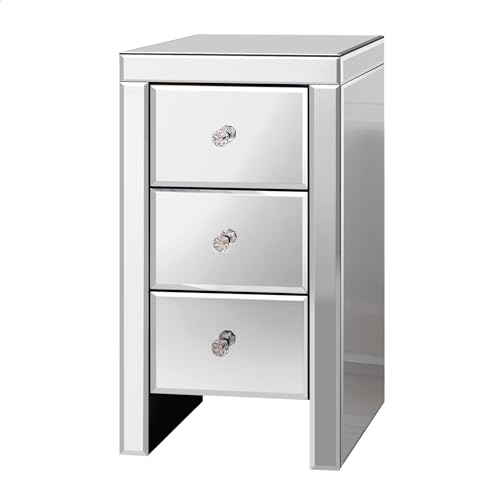 ALFORDSON Glass Mirrored Bedside Table, 3 Drawers, Crystal Handles, 30 x 30 x 60cm, Sofa Side Table Nightstand Home Furniture Cabinet Chests for Hallway, Bedroom＆Living Room (Ainsley Sliver)