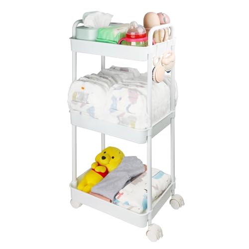 Image of Volnamal Baby Diaper Caddy Organizer, 3-Tier Movable Diaper Cart with Wheels, Gift for Newborn Essentials, Wipes & Baby Diapers, Baby Registry Must Have - Plastic White