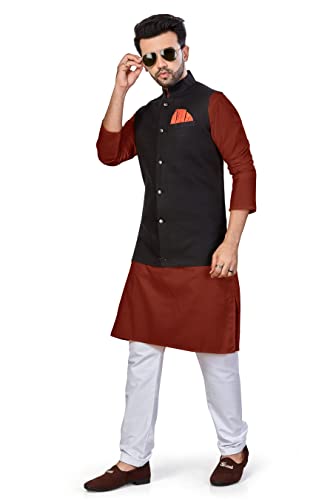 Image of BE ACTIVE Linen Blend Solid Pattern Trendy Comfortable Stylish Full Sleeve Kurta Pajama Set with Jacket Nehru Style Koti for Men's Ethnic Wear