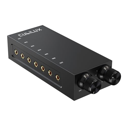 Cubilux Przełącznik audio stereo 3,5 mm 6 w 1 z regulacją głośności i wyciszeniem, 6 wejść na 1 wyjście audio do słuchawek, głośników, laptopa, komputera, smartfona i tabletu