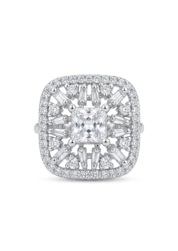 Silver-Tone Cocktail Ring with Princess Cut CZ Stone