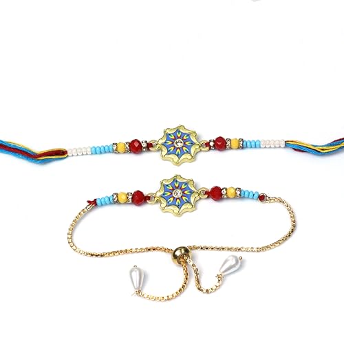 Image of Oblivion Rakhi Set for Brother and Bhabhi - Peacock with Feather Gift for Bhai & Lumba for Bhabhi with Silver Colour Coin and Greeting Card - Raksha Bandhan Combo