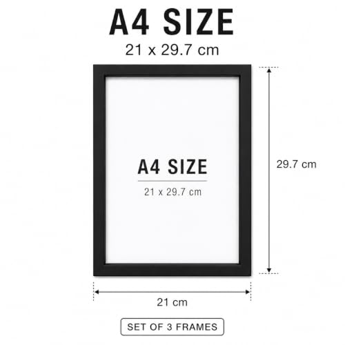 Image of A4 Photo Frames Set of 3, Black Wall Mount Picture Frames, 21 x 29.7 cm, MDF Back for Home & Office Decor