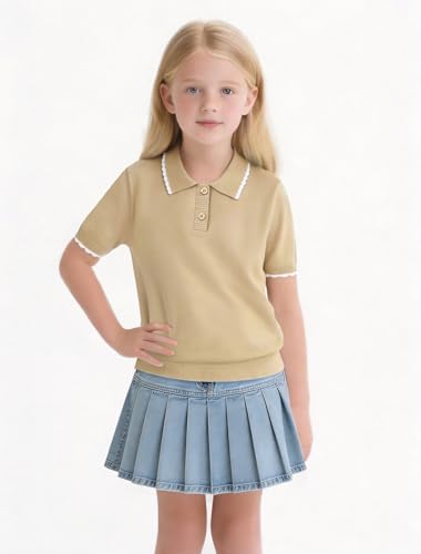 Image of Girls Short Sleeve Polo Shirt V Neck Button Down Shirts Summer Knit School Uniform Crop Tops