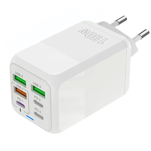 Chargeur USB C, 150W 6 Ports USB C Prise de Charge Rapide, Chargeur à 6 Ports (Port 3PD Type C + Port USB A 3QC), Compatible avec iPhone 11/12/13/14/15...