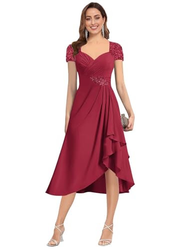 Beaded Mother of The Bride Dresses for Women Chiffon Cap Sleeve Tea Length A Line Formal Evening Gown