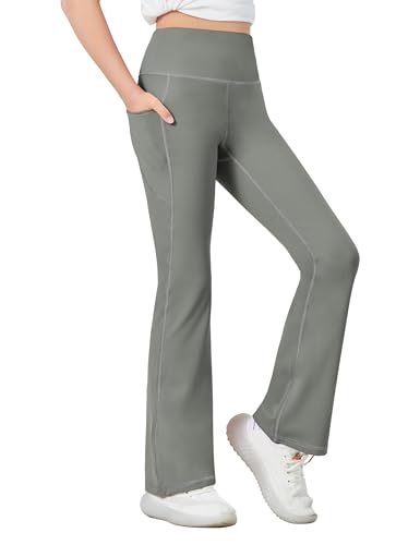 Desol Girls Flare Leggings with Pockets, High Waist Bootcut Yoga Pants, Dance Athletic Bell Bottoms for Teen &Kids Grey