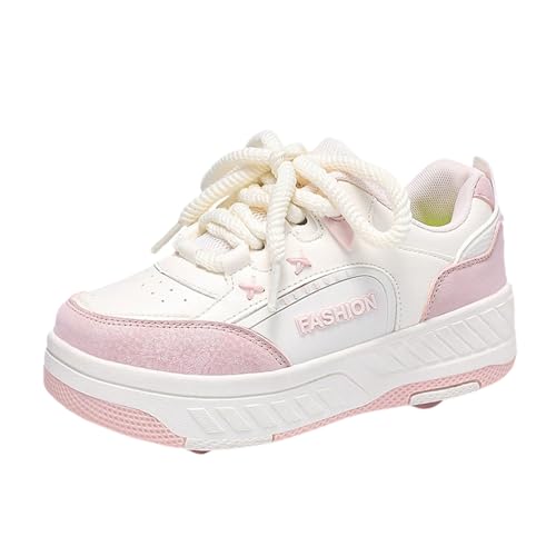 Surwin Zapatillas con Ruedas Niña, Zapatos de Niños con Ruedas 2 en 1 Zapatillas de Skateboard Zapatos de Skate Diseño Cordones Roller Skate Shoes Sneakers, Regalo de Cumpleaños (Rosa,39)