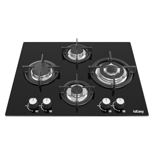 Glas Gaskochfeld, IsEasy Gaskochfeld 4 Flammig, Einbau 4 zonen gaskocher, 64cm Autark gaskochfeld, Up to 8750W(2700W+3300W +1750W + 1000W), Erdgas(20mbr)/Propangas(30/50mbr)