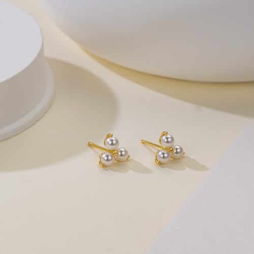 Pearl Earrings for Women 14K Gold Earrings for Women Gold Studs Earring for Womens Pearls Stud Triangular Shape and Soft Luster Pearl Stud Earring for Womens 9mm3
